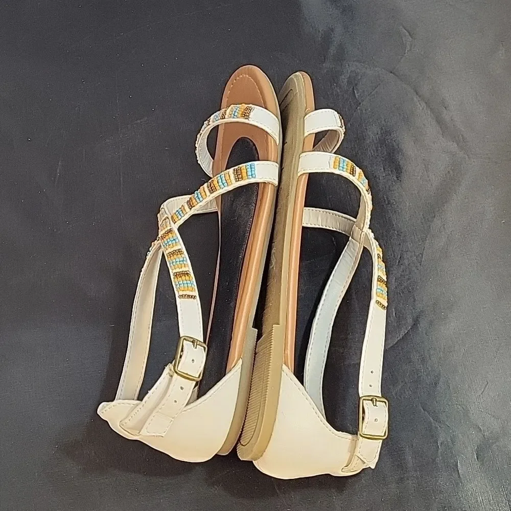 BEADED LEATHER UPPER CRISSCROSS STRAP BACK ANKLE BUCKLE STRAP CLOSURE SANDAL